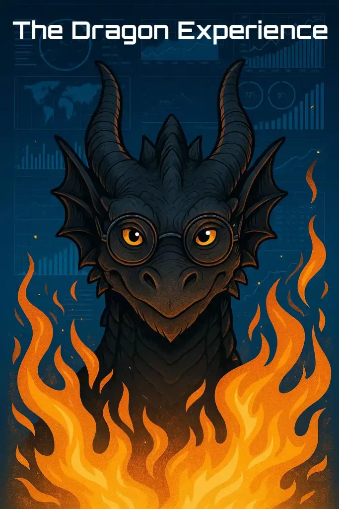 Cover image for freelance digital marketing and SEO package. Symbolised by a powerful dragon surrounded by flames and small business data graphs.